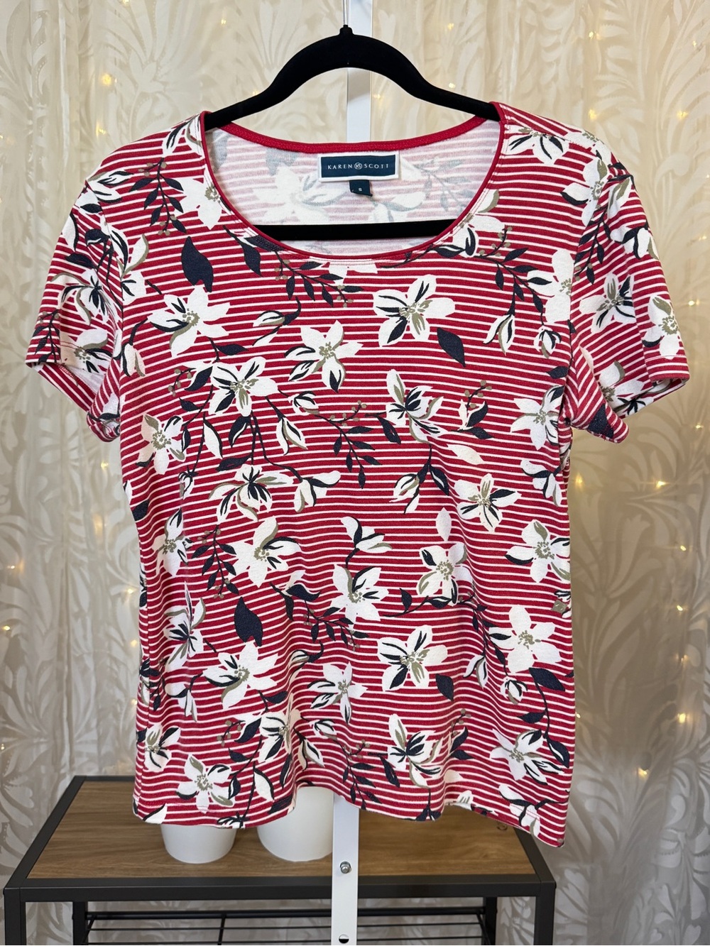 Karen Scott Red White and Blue Striped Floral Short Sleeve Tee